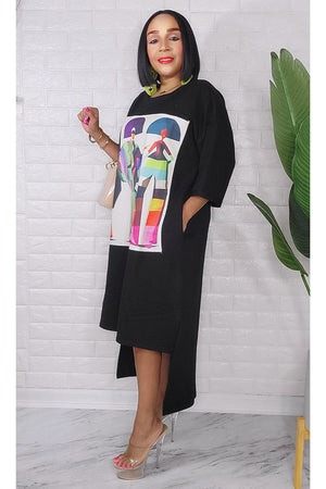052523 Black Graphic Designs Oversized Silhouette Print High Low Dress