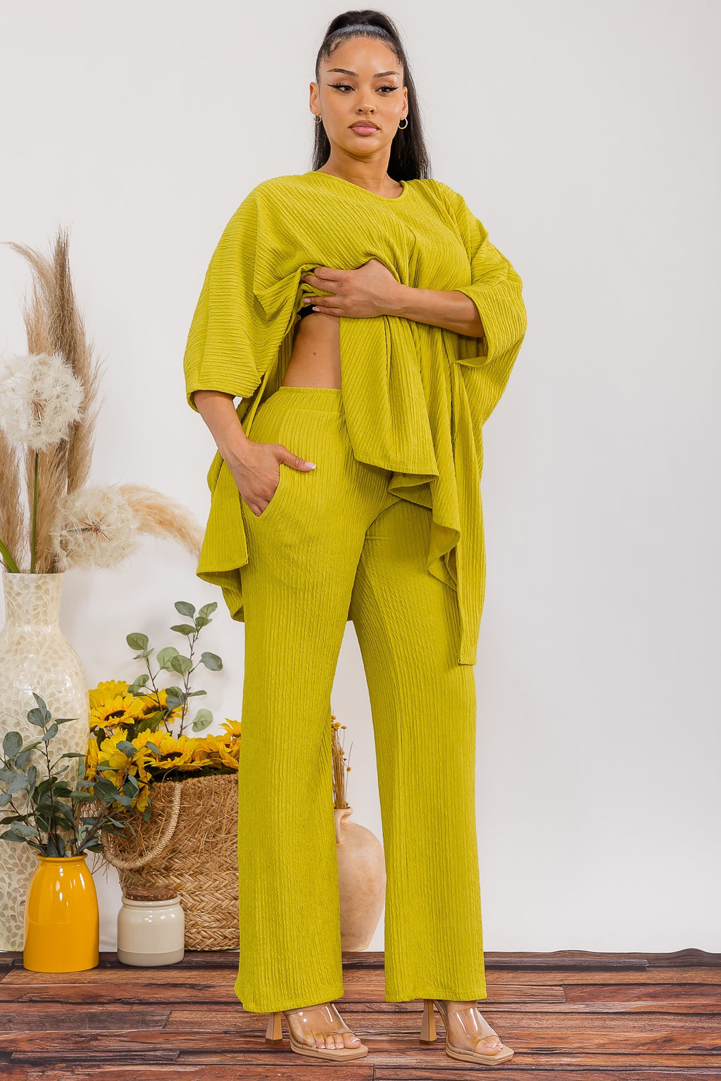 041626 Chartreuse Crinkle Flow Two-piece Set