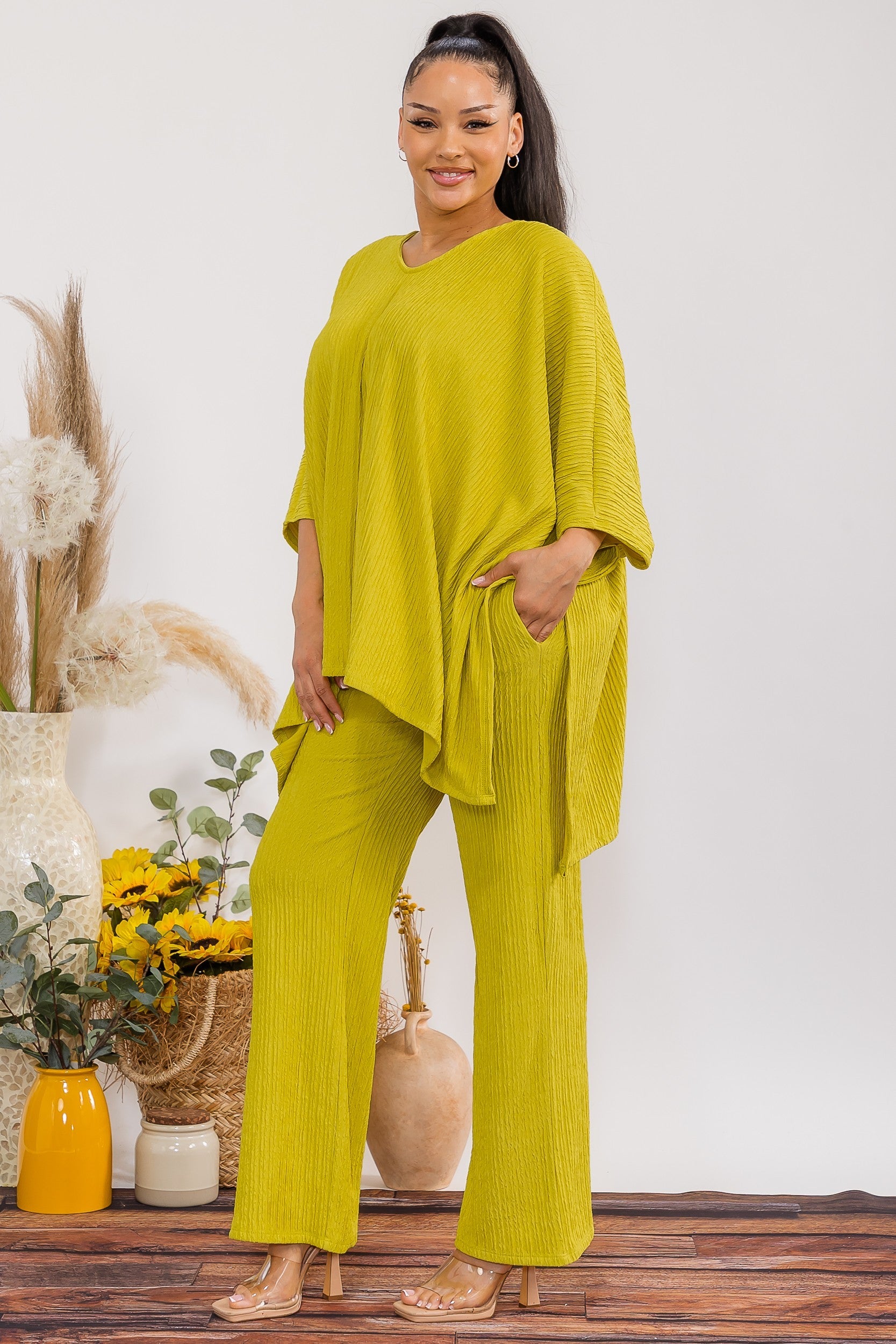 041626 Chartreuse Crinkle Flow Two-piece Set