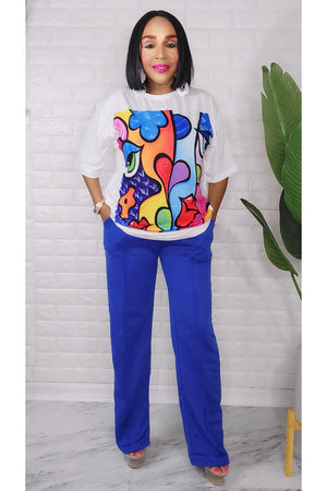 050323 The Royal Blue /White LOVE Graphic Pant & Top Set