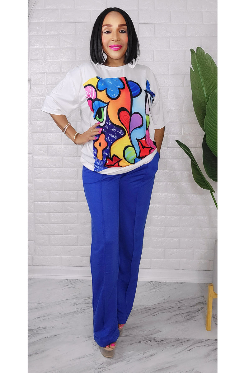050323 The Royal Blue /White LOVE Graphic Pant & Top Set