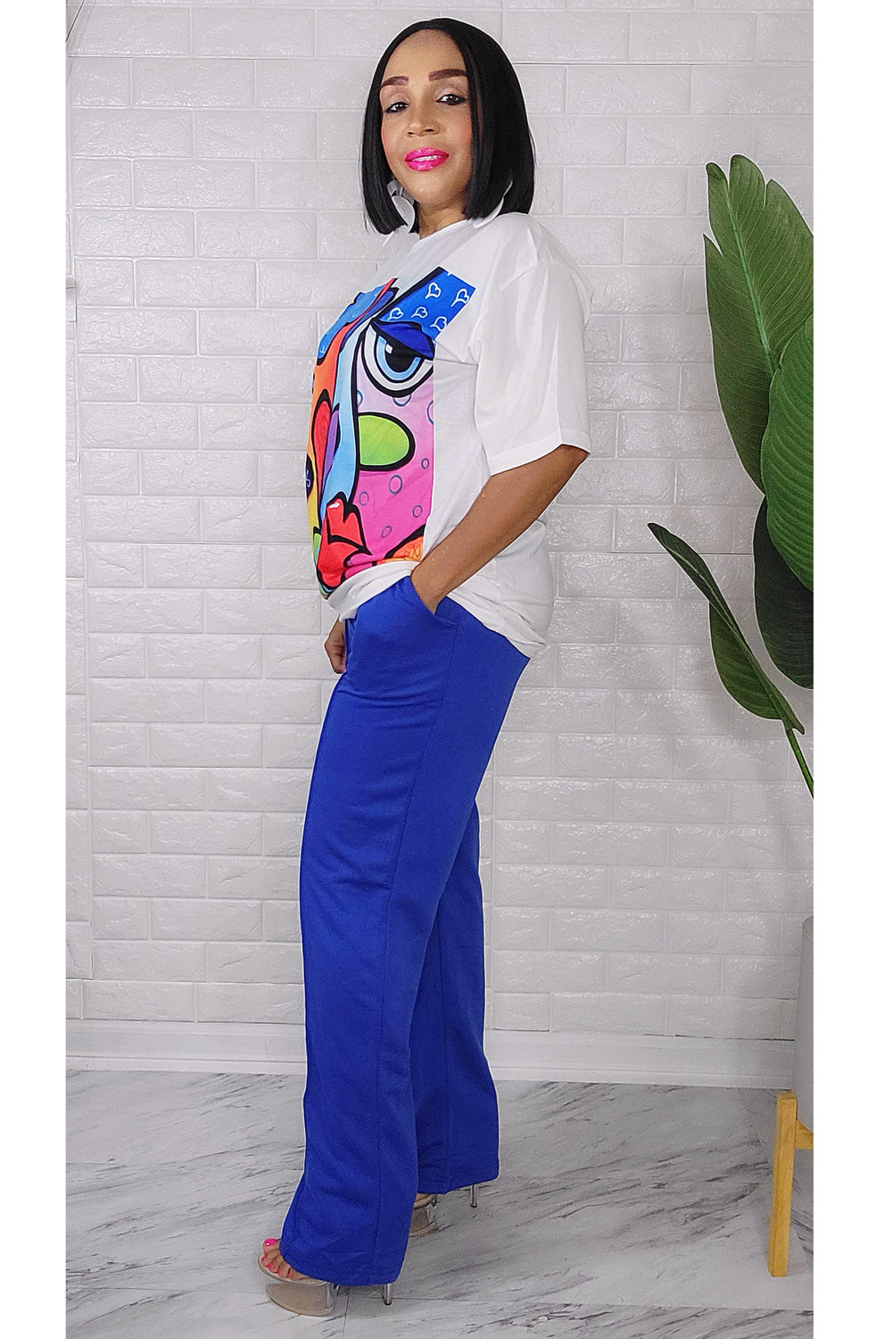 050323 The Royal Blue /White LOVE Graphic Pant & Top Set