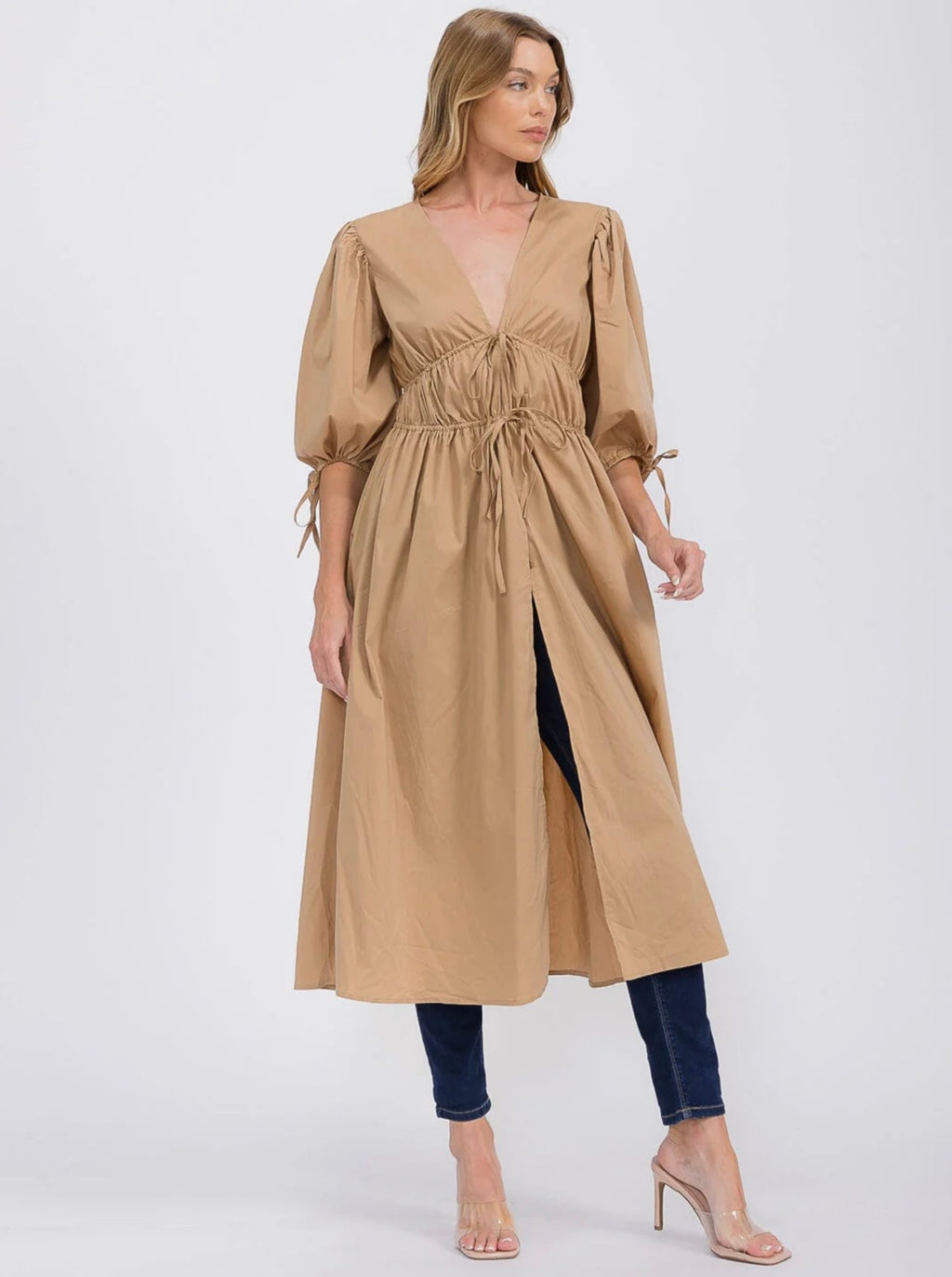 Tan Short Puff Sleeve V-Neck  Front Tie Maxi Top