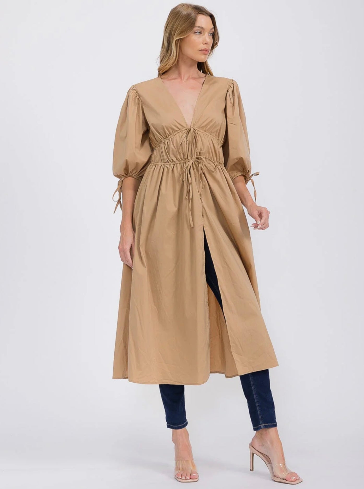 Tan Short Puff Sleeve V-Neck  Front Tie Maxi Top