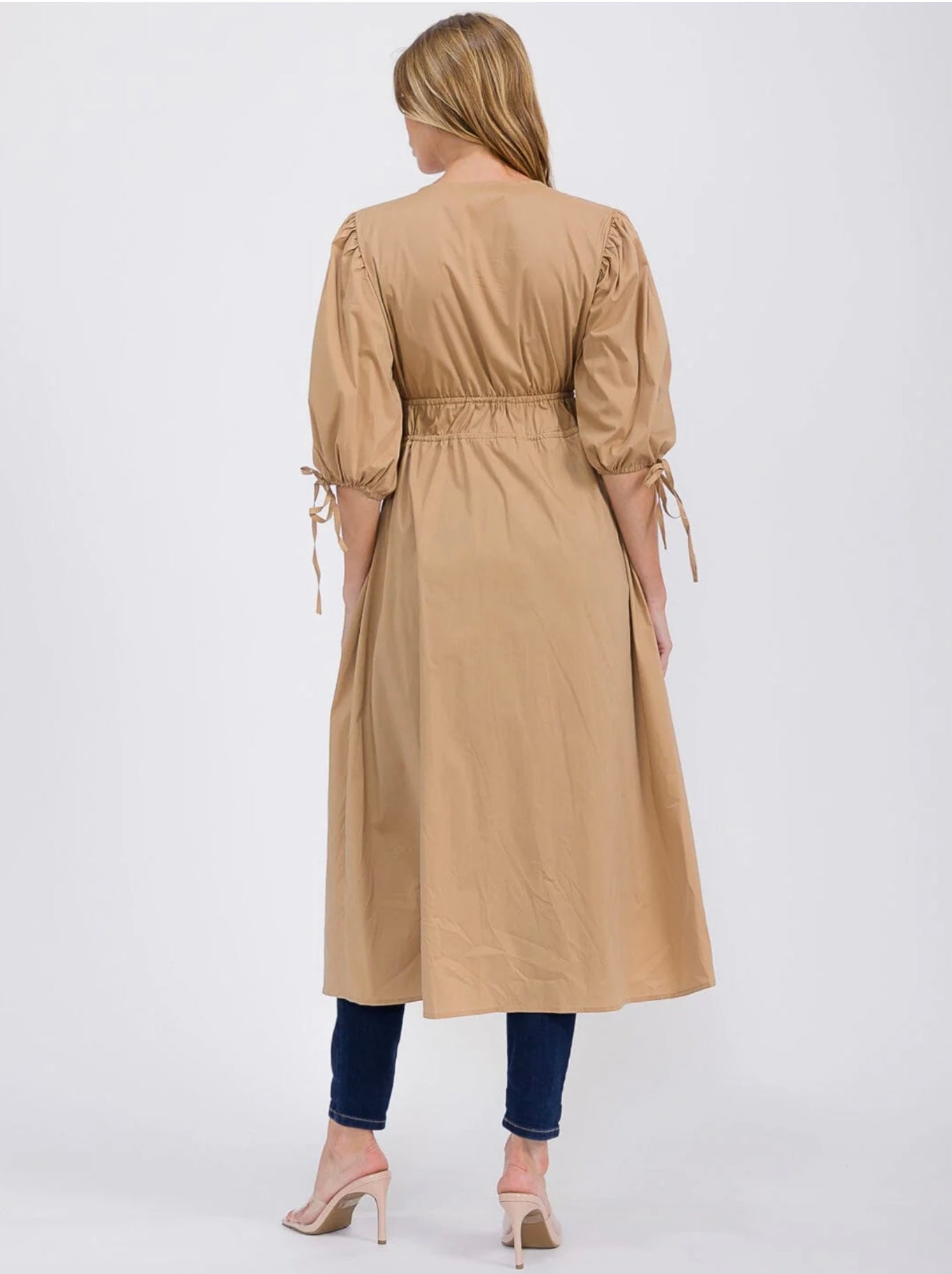 Tan Short Puff Sleeve V-Neck  Front Tie Maxi Top