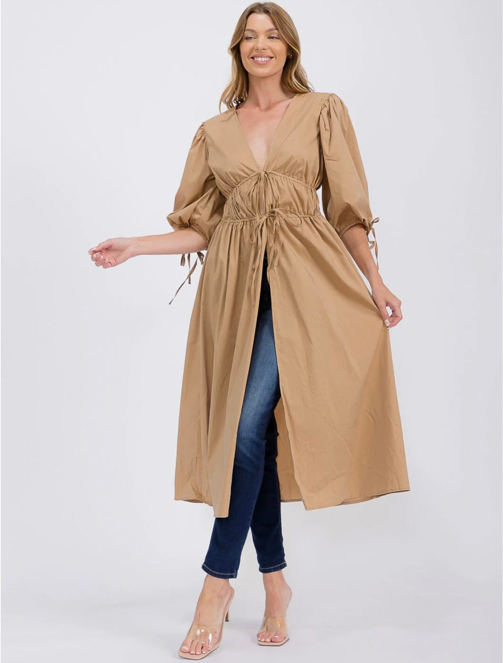 Tan Short Puff Sleeve V-Neck  Front Tie Maxi Top