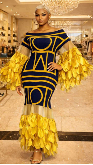 041626 Yellow & Navy Elegant Statement Ruffles Maxi Dress PREORDER