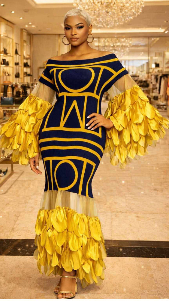 041626 Yellow & Navy Elegant Statement Ruffles Maxi Dress PREORDER