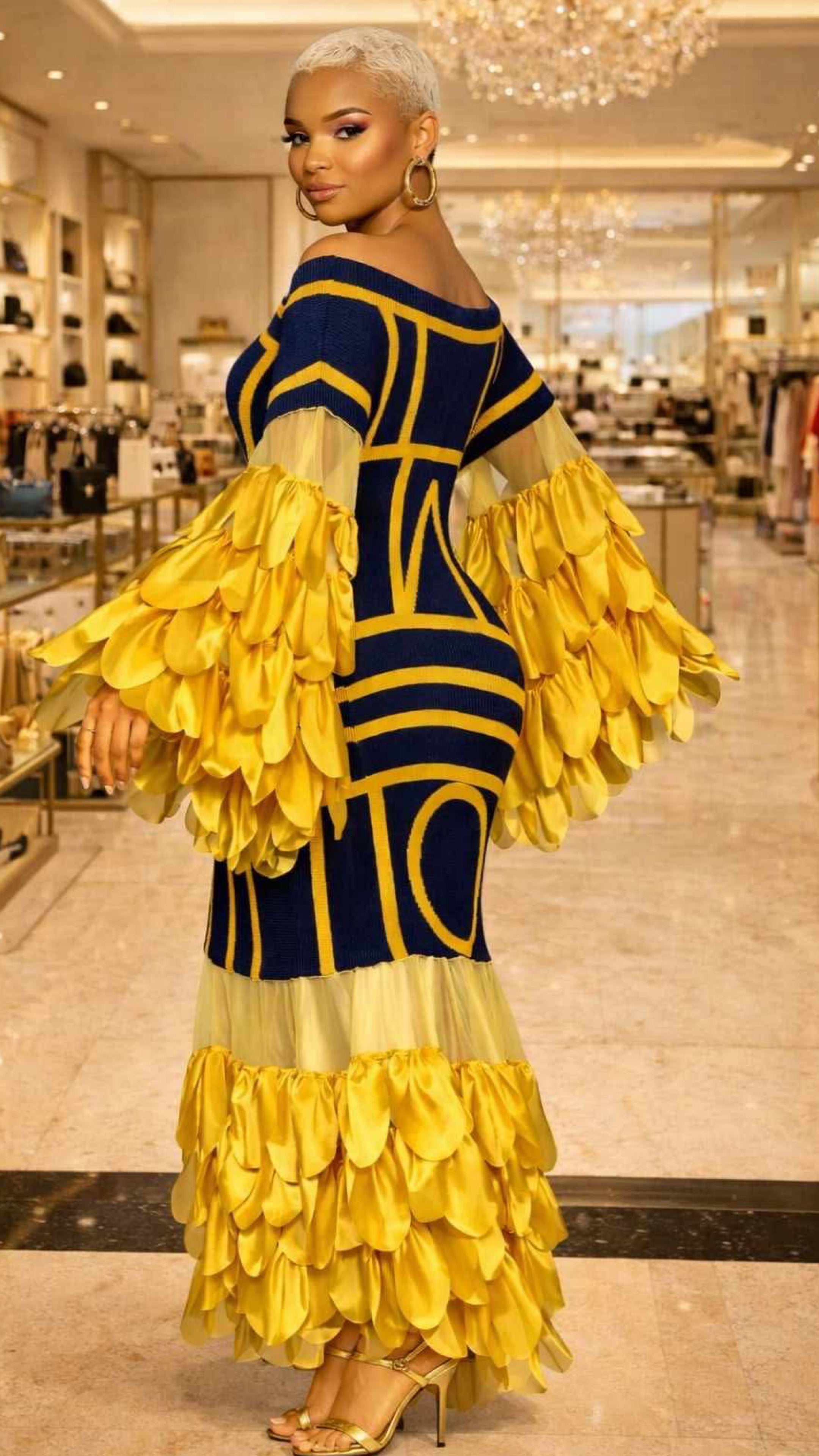 041626 Yellow & Navy Elegant Statement Ruffles Maxi Dress