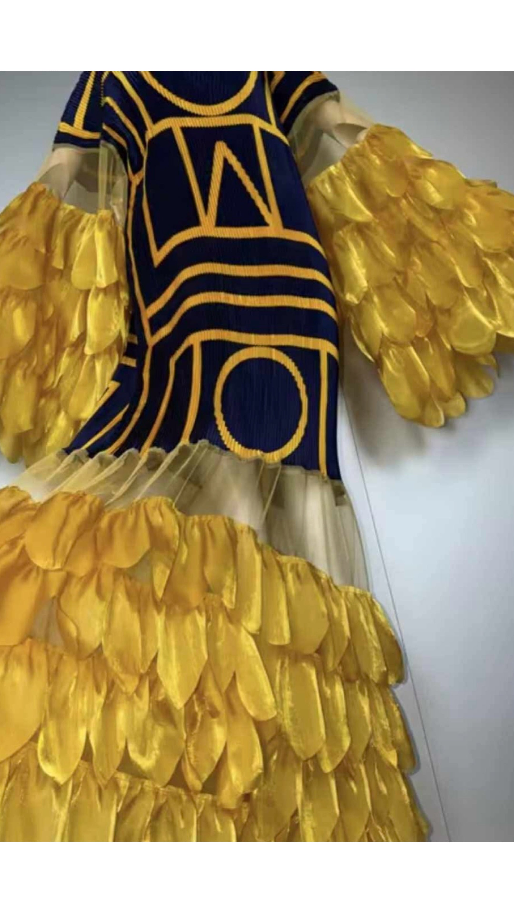 041626 Yellow & Navy Elegant Statement Ruffles Maxi Dress
