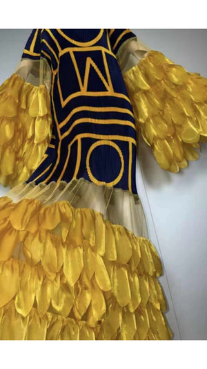 041626 Yellow & Navy Elegant Statement Ruffles Maxi Dress PREORDER