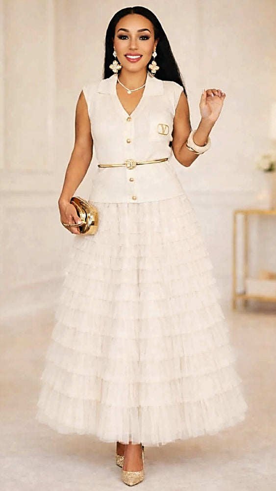 112725  Cream Cascading Tulle Mesh Tiered Max Skirt- PREORDER