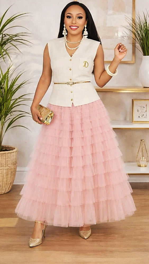 041326 Blush Cascading Tulle Mesh Tiered Max Skirt PREORDER
