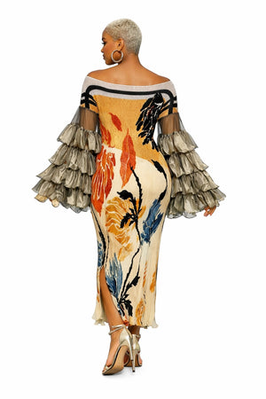041626   Orange Multi Golden Bloom Ruffle Sleeves Dress  PREORDER