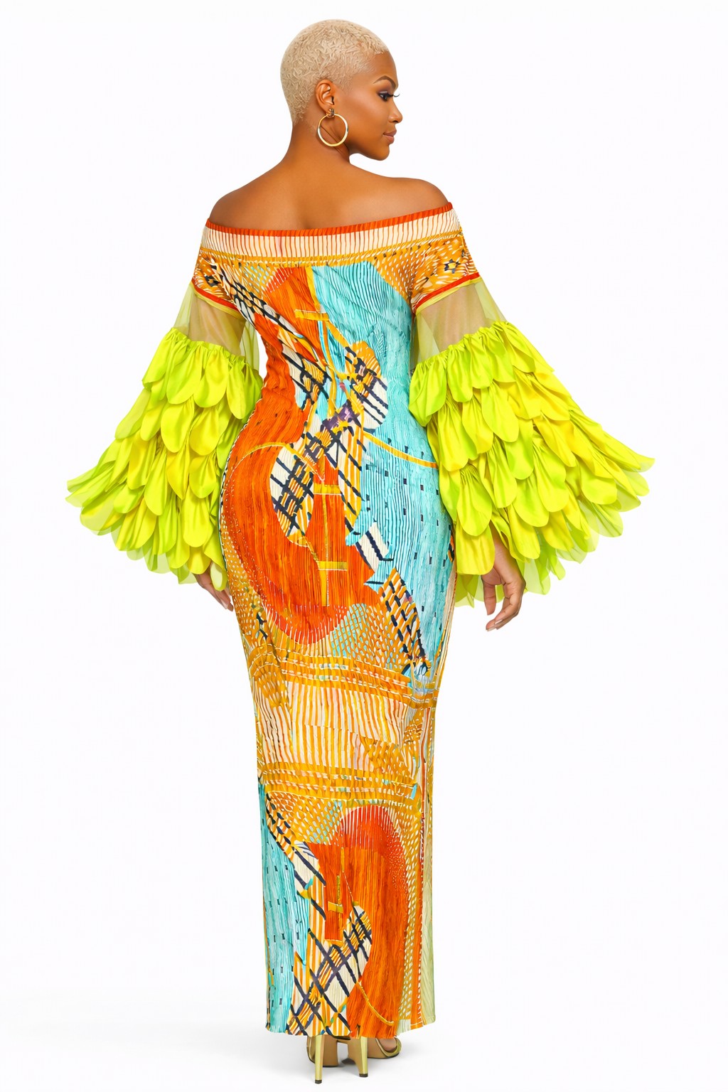 041626   The Orange Neon Bold Print Statement Sleeve Maxi Dress