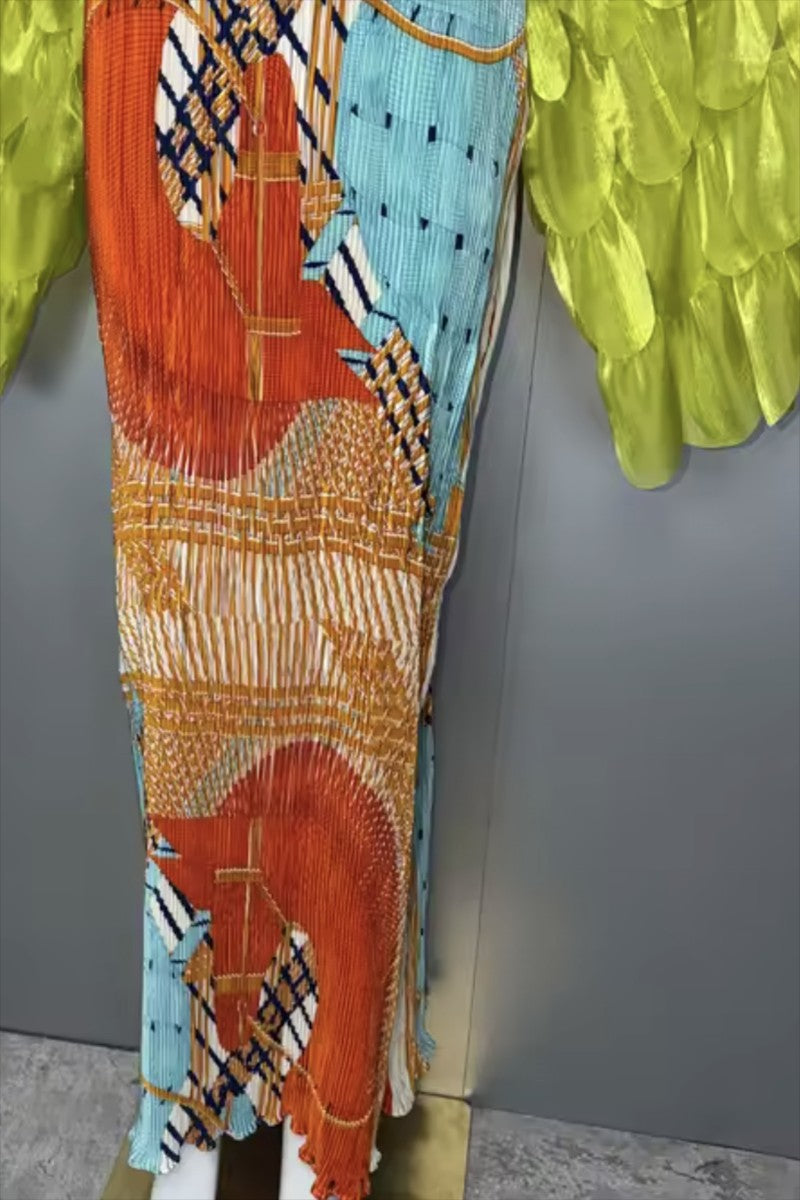 041626   The Orange Neon Bold Print Statement Sleeve Maxi Dress PREORDER
