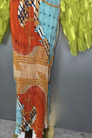 041626   The Orange Neon Bold Print Statement Sleeve Maxi Dress PREORDER