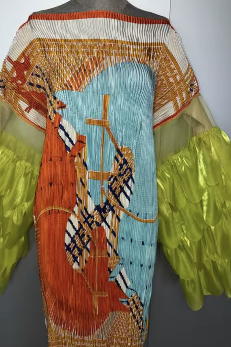 041626   The Orange Neon Bold Print Statement Sleeve Maxi Dress