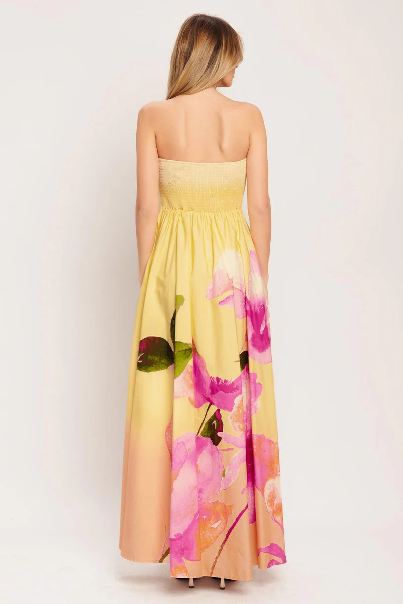 042226 Yellow Garden Strapless Maxi dress