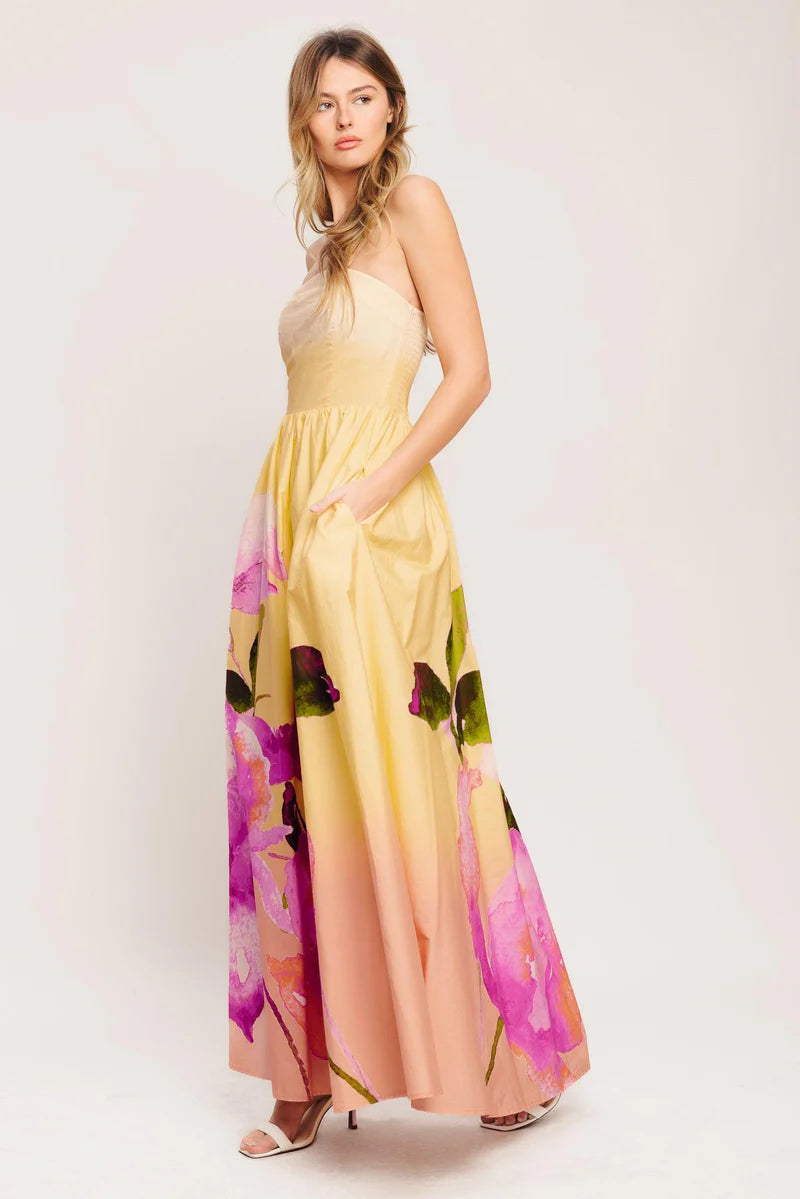 042226 Yellow Garden Strapless Maxi dress