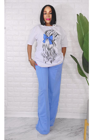 052523 Blue/White Lady Head Pant & Top Set