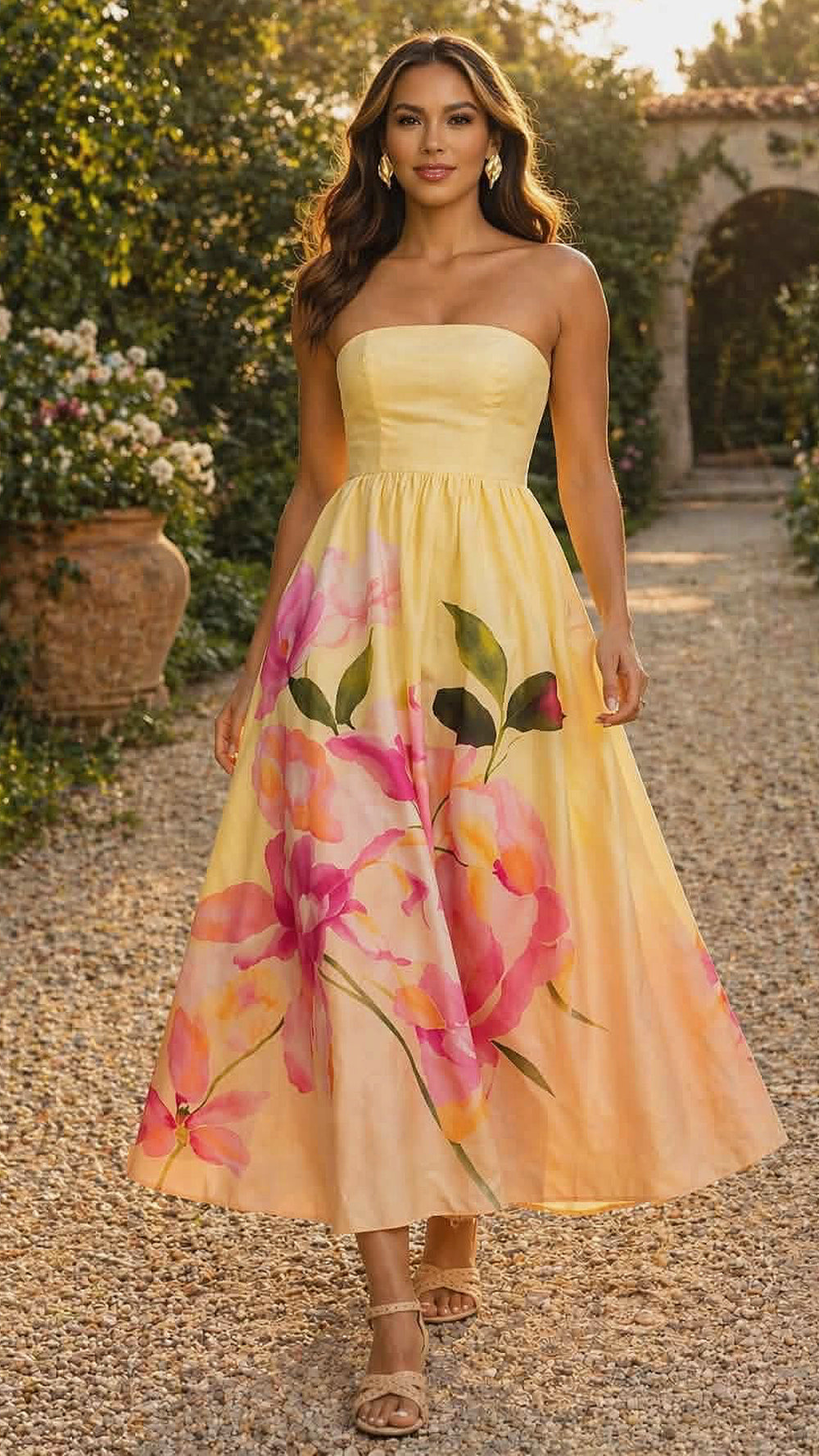 042226 Yellow Garden Strapless Maxi dress