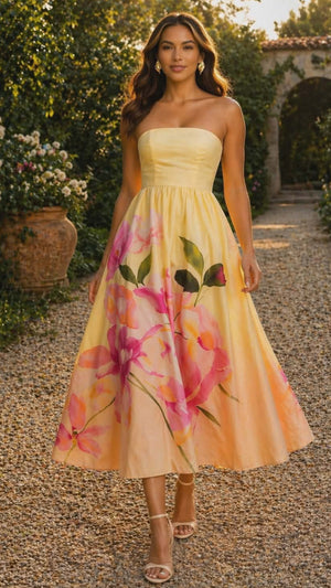 042226 Yellow Garden Strapless Maxi dress