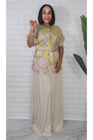 080823 The Beige/Green Printed Elastic Waist Top