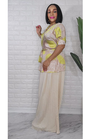 080823 The Beige/Green Printed Elastic Waist Top