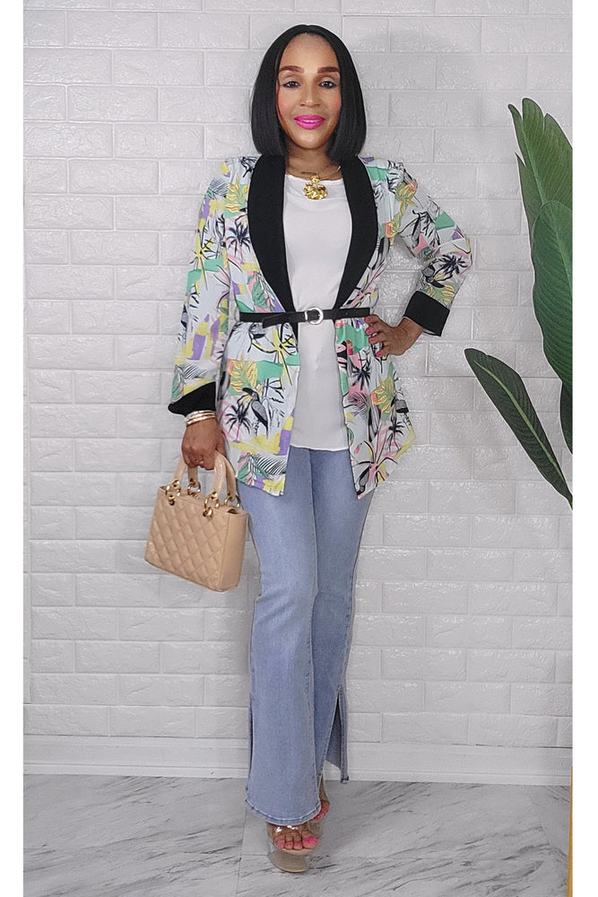 042424 The Green/Black Tropical Quarter Sleeve Faux Blazer Top with Belt