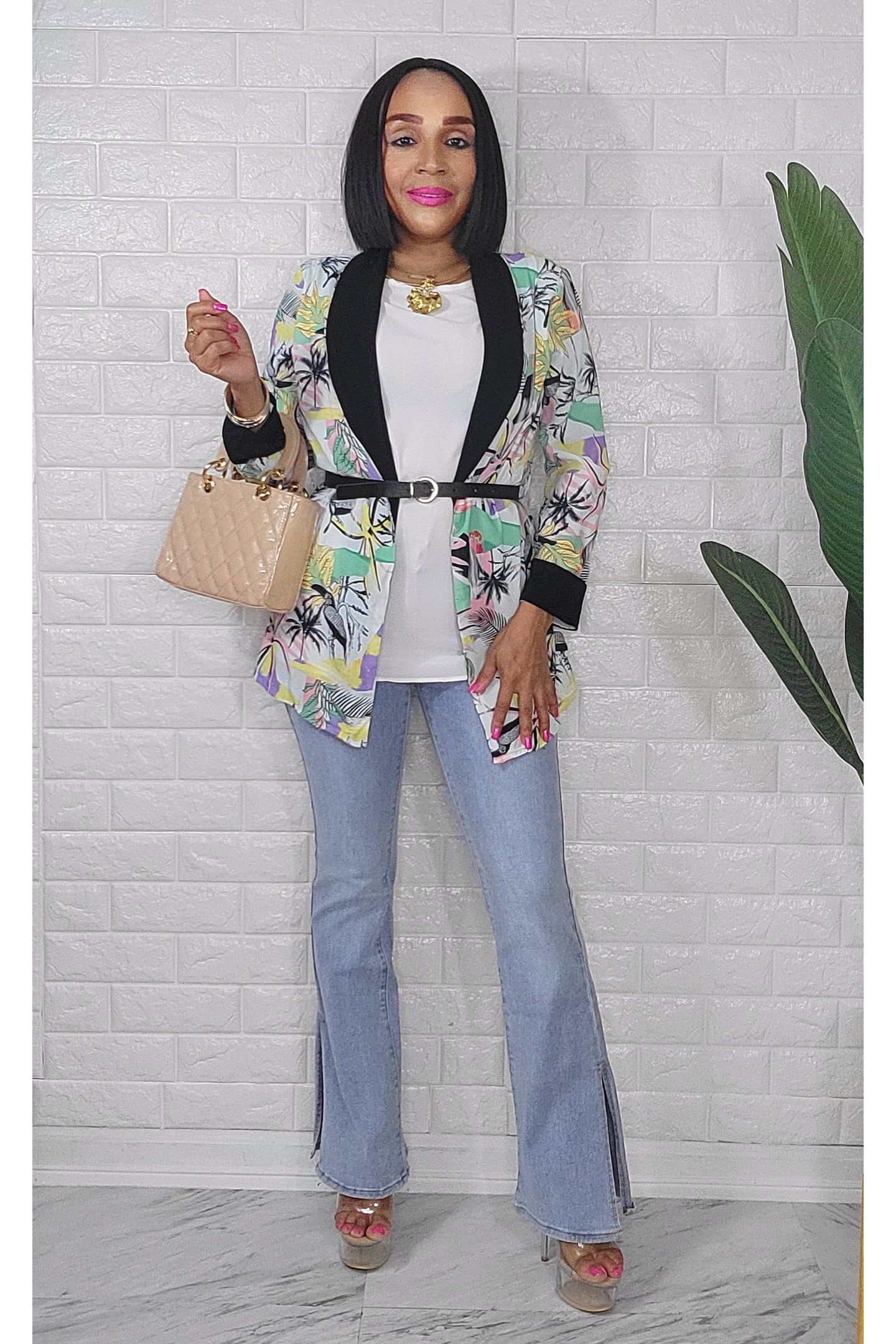 042424 The Green/Black Tropical Quarter Sleeve Faux Blazer Top with Belt