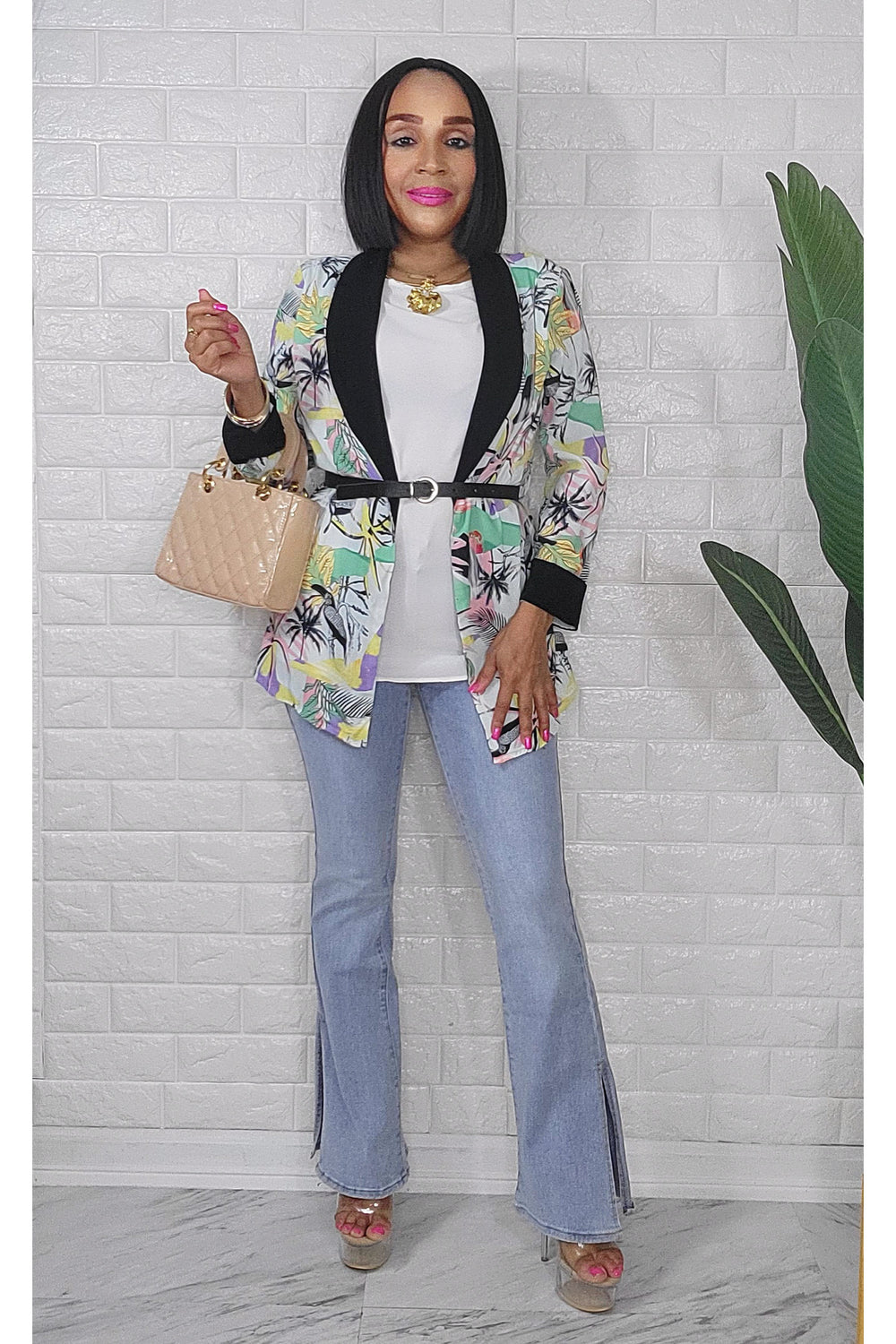 042424 The Green/Black Tropical Quarter Sleeve Faux Blazer Top with Belt