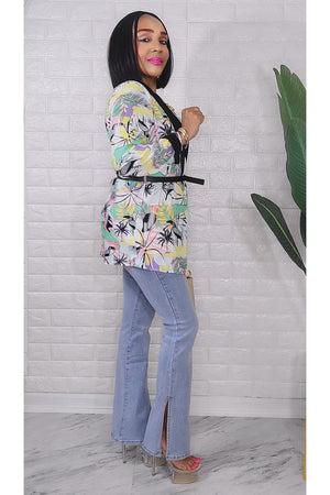 042424 The Green/Black Tropical Quarter Sleeve Faux Blazer Top with Belt