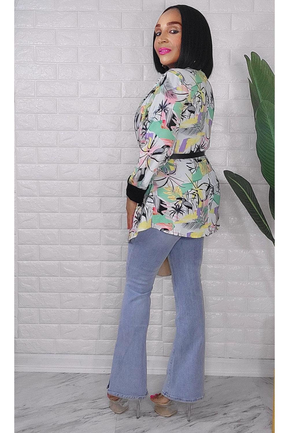 042424 The Green/Black Tropical Quarter Sleeve Faux Blazer Top with Belt