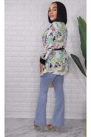 042424 The Green/Black Tropical Quarter Sleeve Faux Blazer Top with Belt