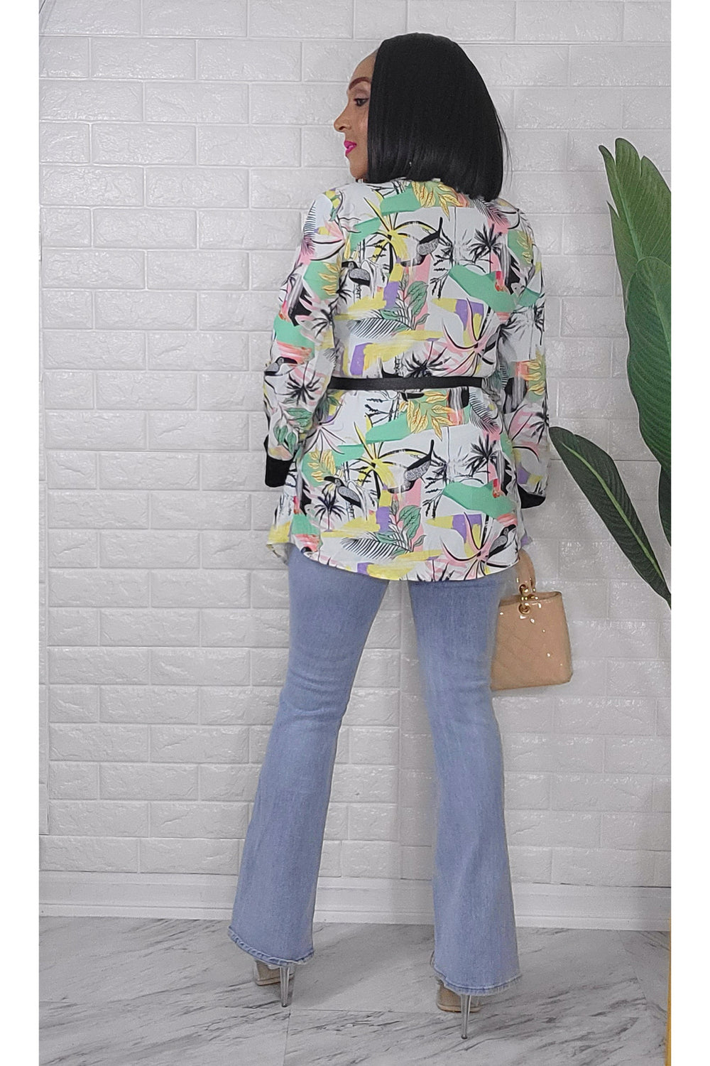 042424 The Green/Black Tropical Quarter Sleeve Faux Blazer Top with Belt