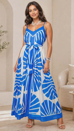 042326 The White & Blue Celebration Time Woven Maxi Dress