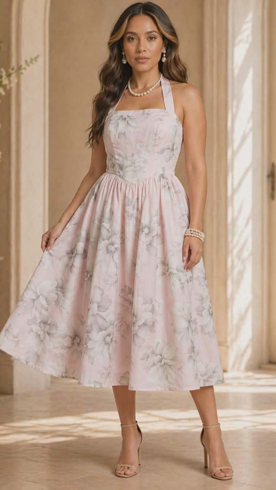 042326 The Pink Watercolor Floral Halter Midi Dress