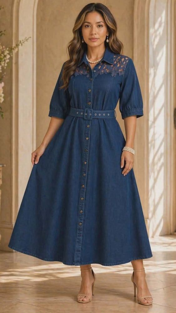 042326 The Blue Casual Belted Stretchable Denim Maxi Dress