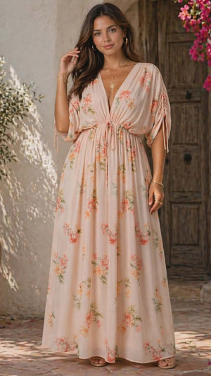 042326 Pink Floral Print V Neck Maxi Dress