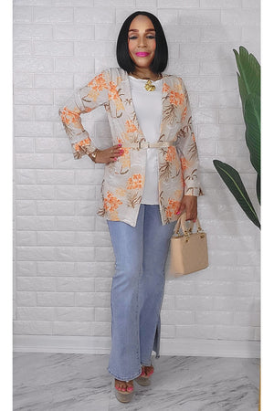 042424 The Orange Tropical Quarter Sleeve Faux Blazer Top with Belt