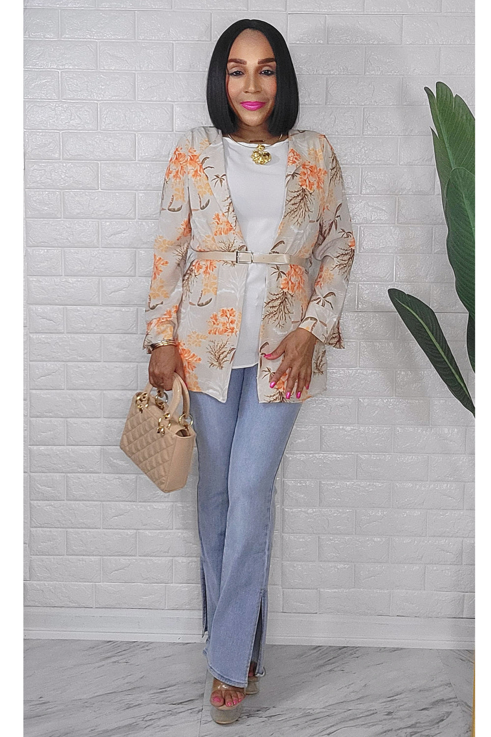 042424 The Orange Tropical Quarter Sleeve Faux Blazer Top with Belt