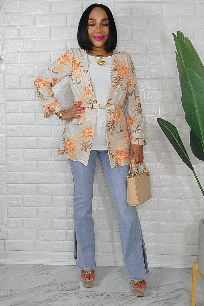 042424 The Orange Tropical Quarter Sleeve Faux Blazer Top with Belt