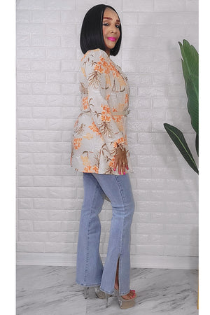 042424 The Orange Tropical Quarter Sleeve Faux Blazer Top with Belt