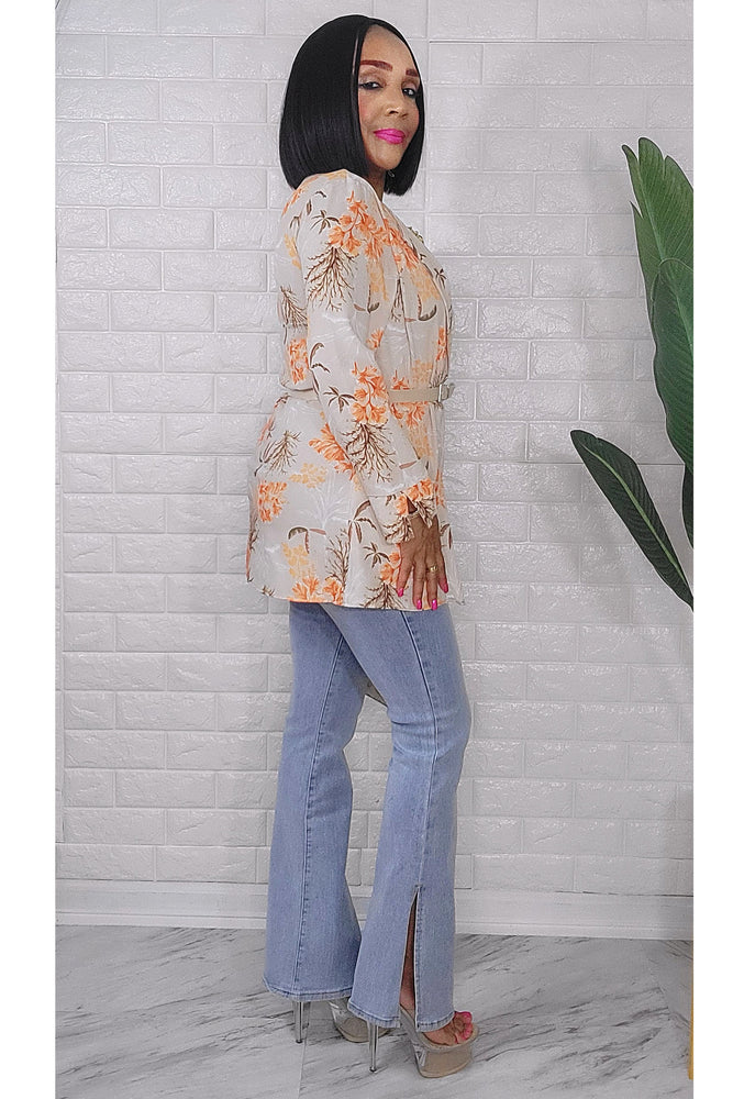 042424 The Orange Tropical Quarter Sleeve Faux Blazer Top with Belt
