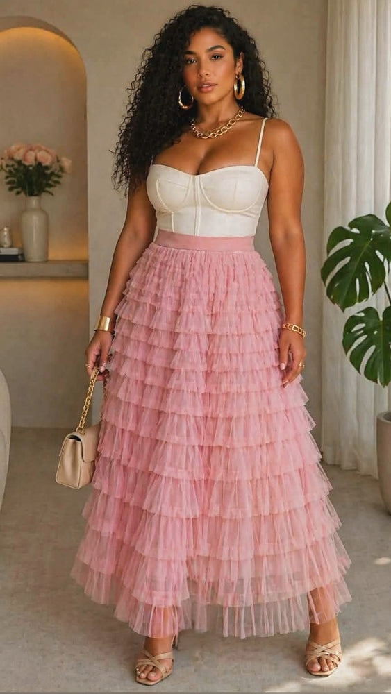 041326 Dusty Rose Cascading Tulle Mesh Tiered Max Skirt- PREORDER
