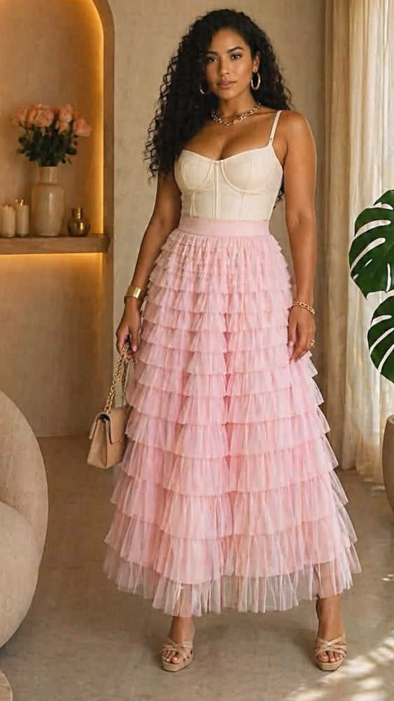 041326 Blush Cascading Tulle Mesh Tiered Max Skirt PREORDER