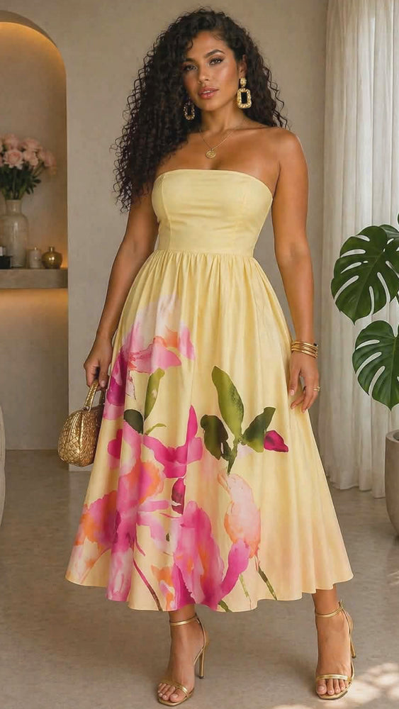 042226 Yellow Garden Strapless Maxi dress