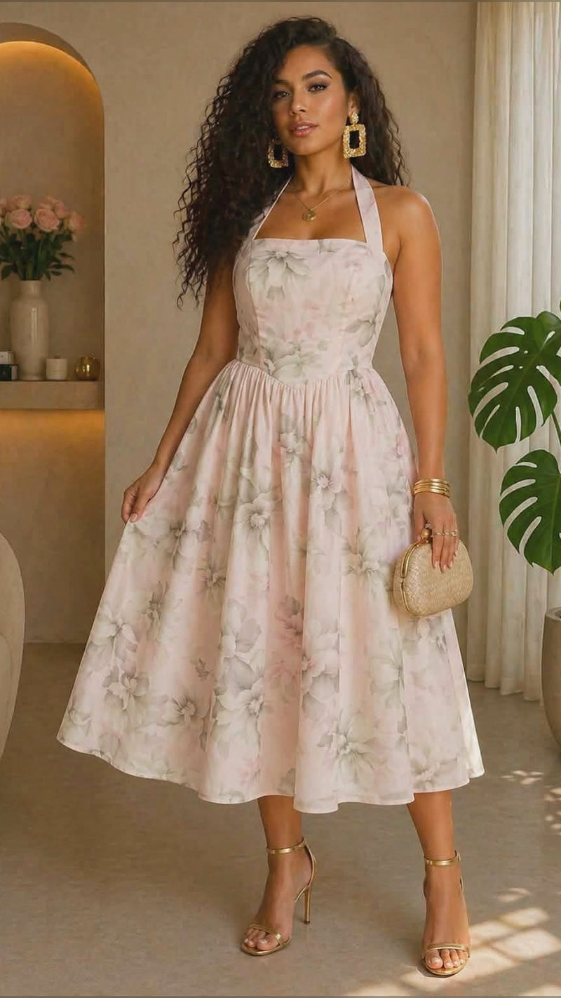 smocked halter midi dress in floral Dawn Dreams Smocked Floral Halter Midi Dress Retro Blue / L