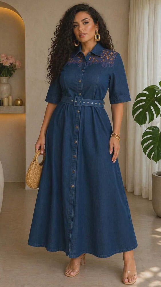 042326 The Blue Casual Belted Stretchable Denim Maxi Dress